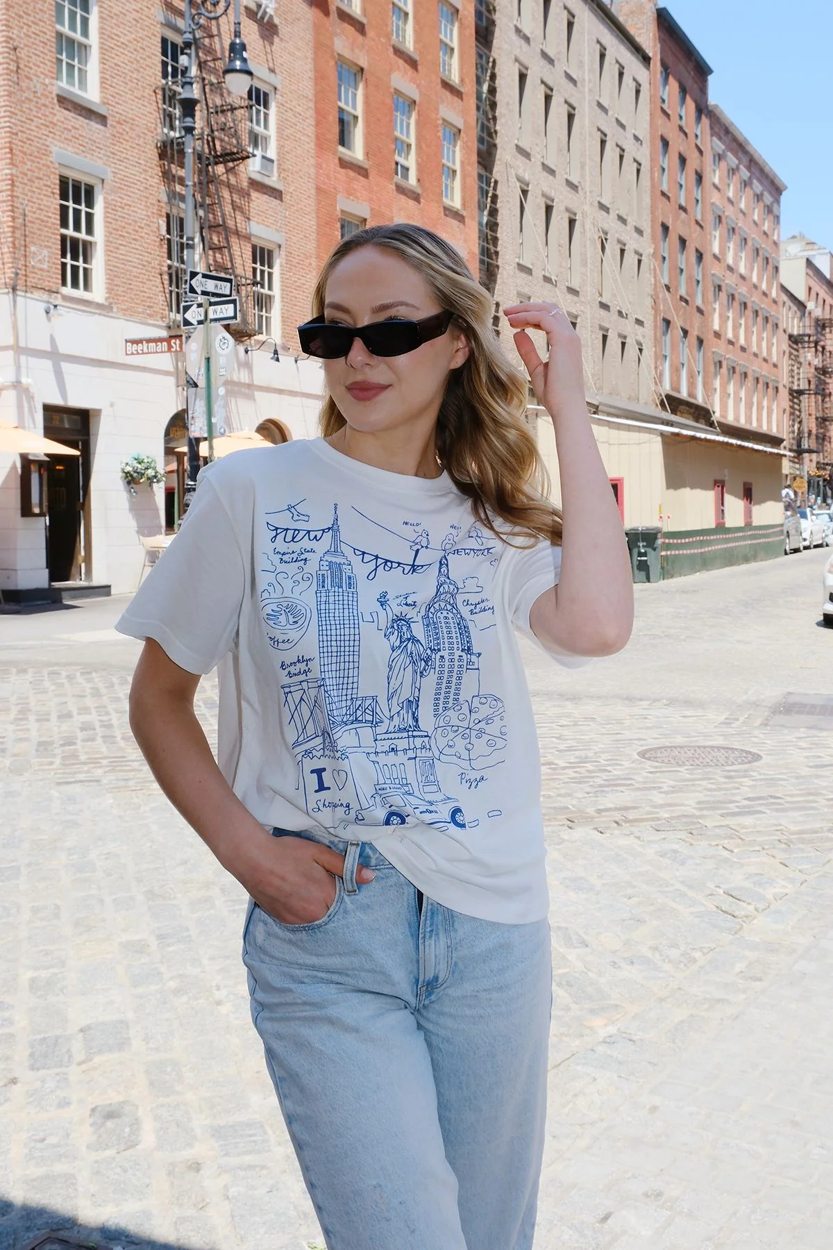 NY Illustration Blue Lines Graphic T-shirt - Image 3